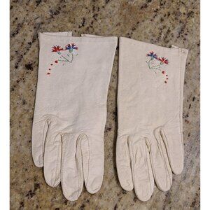 Vintage Girls Size M White Leather Formal 6.5" Gloves Embroidered Flower